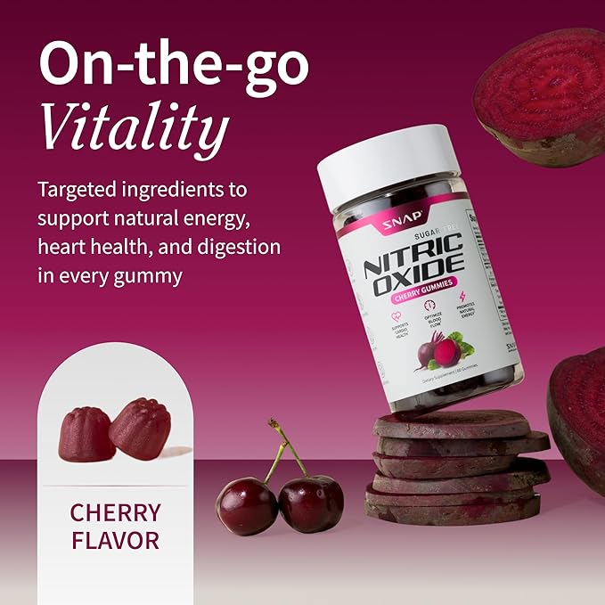 Snap Supplements Nitric Oxide Gummies - Beet Root Extract 300mg, Sugar Free Beetroot Supplement with Pomegranate Powder for Circulation & Natural Energy, 60 Vegan Gummies (2-Pack), Cherry Flavor
