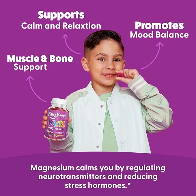 Feel Great Kids Calm Magnesium Gummies - Magnesium Supplement for Children - Magnesium Citrate Gummies - 60 Count