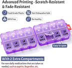 Foldable Weekly Pill Organizer 2 Times a Day with 2 Extra Compartments (Clear Printed Labels) - 7 Day AM PM Medicine Box, Week Daily Travel Pill Case Holder for Vitamin, Supplement - Clear Purple