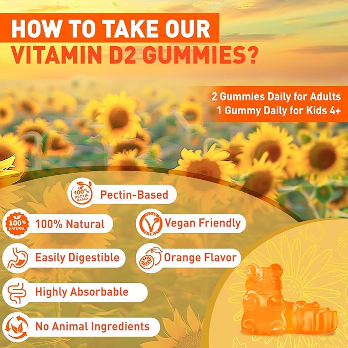 duwhot Vitamin D2 Gummies 2000 IU, Plant-Based D2 Vitamin Supplement from Whole Mushroom, Immune Support, Daily Sunshine Supply，Vegan, Non-GMO, Orange, 120