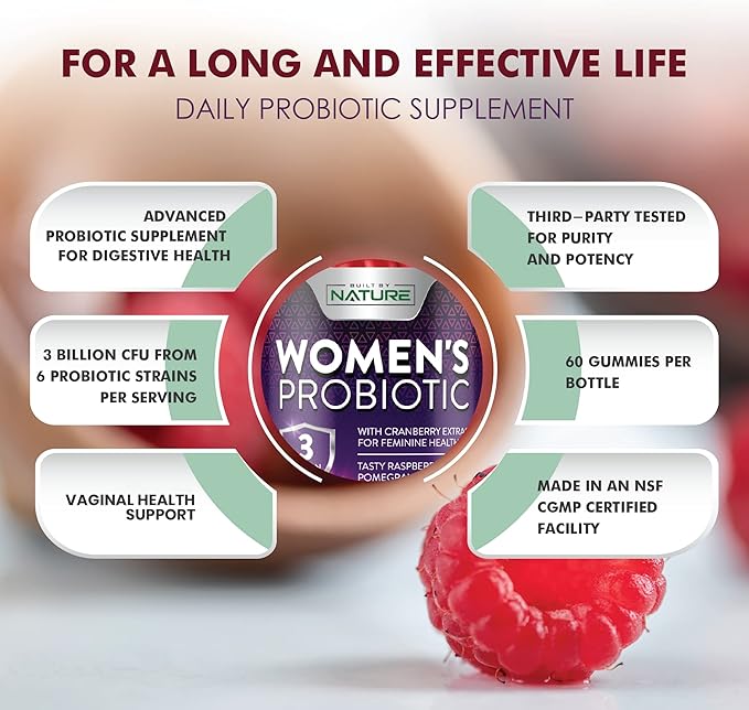 Built by Nature Probiotics for Women Gummies 3 Billion CFU, 6 Probiotic Strains with Cranberry Supplement, Digestive, Immune, Vaginal & Urinary Health, Shelf Stable, 60 Gummy