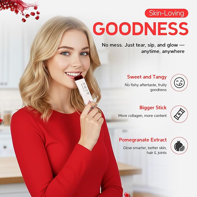 | Pomegranate Collagen Stick – 20 Sticks, 0.77oz(22g) | Korean Fruit Extract, Daily Beauty Supplement, No Sugar Added, Portable On-the-Go Sticks | 석류 콜라겐 스틱