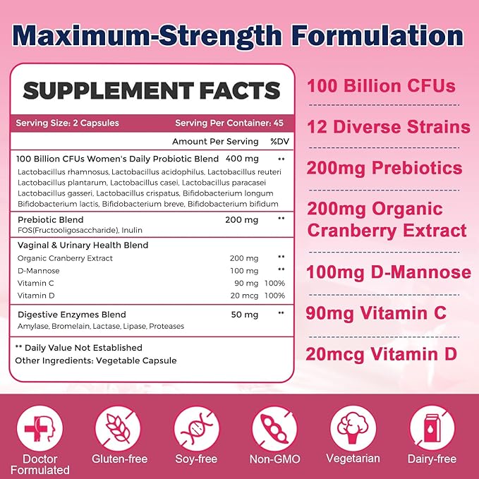 ZEBORA Vaginal Probiotics for Women 100 Billion CFUs, Probiotic for Digestive Health & Vaginal pH Balance & Urinary Tract Health, with Organic Cranberry & Prebiotics, 90 Veggie Capsules