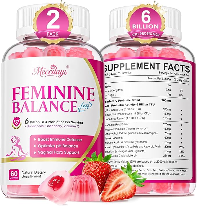 Feminine Balance Gummies for Women, Premium Ph Balance Gummies with Probiotic for Vaginal Flora Balance, Immune Support Supplement, Gluten-Free, Strawberry Flavor with Liquid Filled, 120 Count