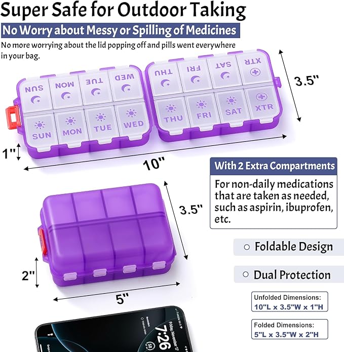 Foldable Weekly Pill Organizer 2 Times a Day with 2 Extra Compartments - Etched Labels - Portable 7 Day AM PM Medicine Box, Week Daily Travel Pill Case Holder for Vitamin, Supplement -Clear Purple