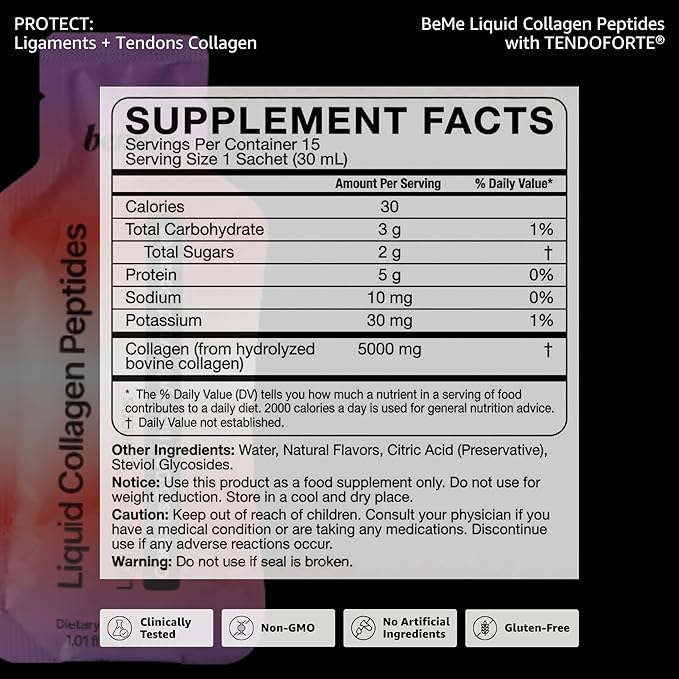 BeMe Liquid Collagen Peptides - Tendon & Ligament Supplements for Injury Prevention & Tissue Repair. Liquid Shots with TENDOFORTE for Active Recovery, Gym Performance Athletes - 15 Grapefruit Sachets
