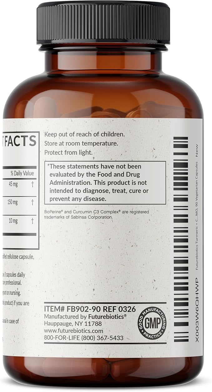 Futurebiotics Turmeric + Curcumin, Antioxidant, Joint & Digestion Support with BioPerine for Enhanced Nutrient Intake, Non-GMO, 90 Vegetarian Capsules
