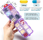 14 GRIDS Travel Pill Organizer Box with Labels - Travel Medicine Case Kit - Pocket Daily Pharmacy Container - Travel Medication Holder Dispenser for Fish Oil Vitamin Supplement Storage - Clear Purple