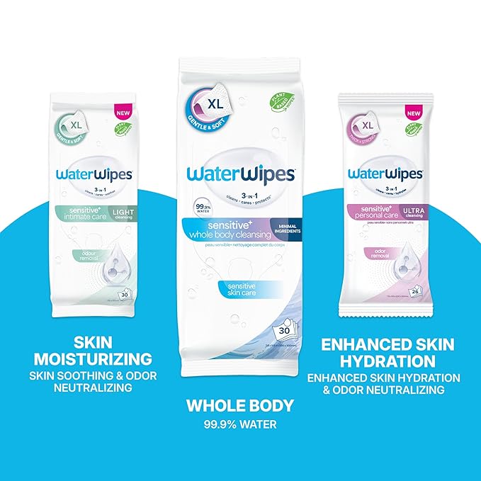 WaterWipes Sensitive Whole Body Cleansing Wipes, 99.9% Purified Water, XL Textured Wipes, Incontinence Care, Fragrance Free, 90 Count