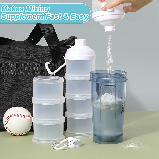 Baderke 2 Pcs Protein Powder Travel Container with Funnels Stand, 4 Layers Stackable Travel Powder Container Formula Supplement Organizer Storage Holder for Workout Fitness(Black, White)