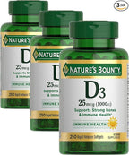 Nature's Bounty Vitamin D3 1000 IU, Immune Support, Helps Maintain Healthy Bones, 250 Rapid Release Softgels (Pack of 3)