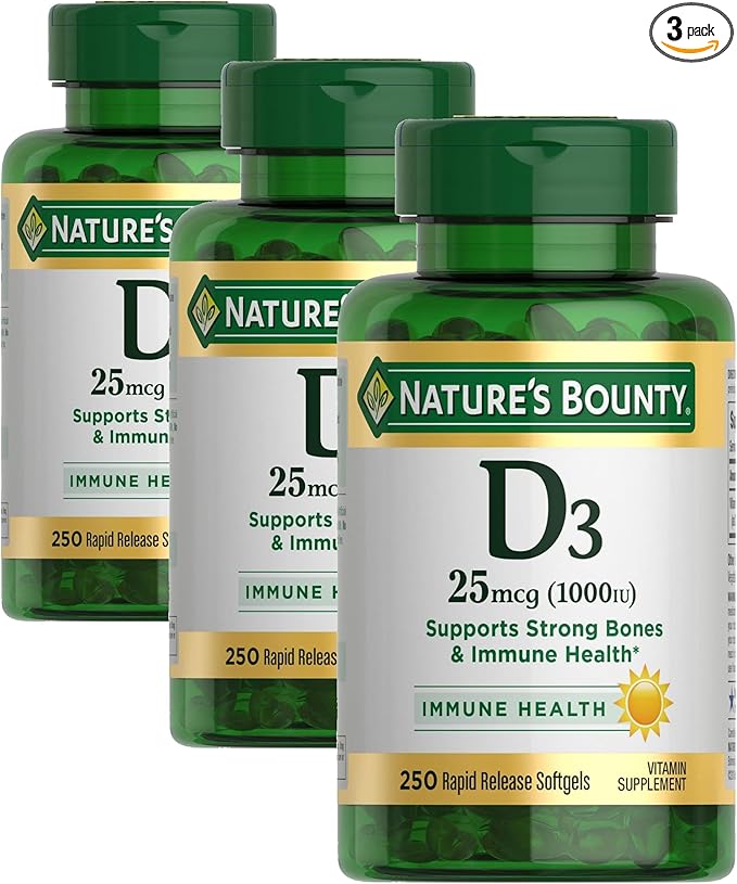 Nature's Bounty Vitamin D3 1000 IU, Immune Support, Helps Maintain Healthy Bones, 250 Rapid Release Softgels (Pack of 3)