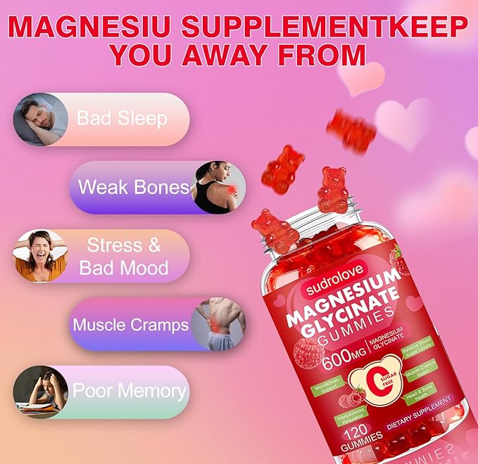 Magnesium Glycinate Gummies 600mg- Sugar Free Mg Potassium Supplement with Magnesium Glycinate, Vitamin D, B6 and CoQ10 for Calm Support & Sleep for Adults, 60 Days Supply ((Pack of 2), Raspberry)