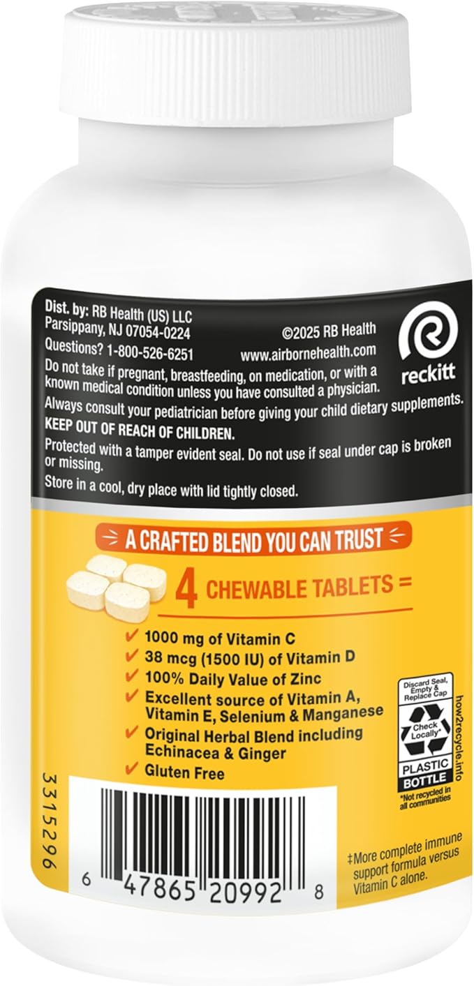 Airborne Vitamin C 1000mg (per Serving) - Citrus Chewable Tablets (116 Count in a Bottle), Gluten-Free Immune Support Supplement, with Vitamins A C E, Zinc, Selenium, Echinacea, Ginger, Antioxidants