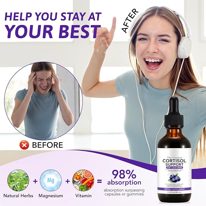 Cortisol Supplement for Women, Cortisol Support Liquid Drops with Ashwagandha, Magnesium & L-Theanine - Supports Stress Relief, Mood & Relaxation - 2.02 fl oz