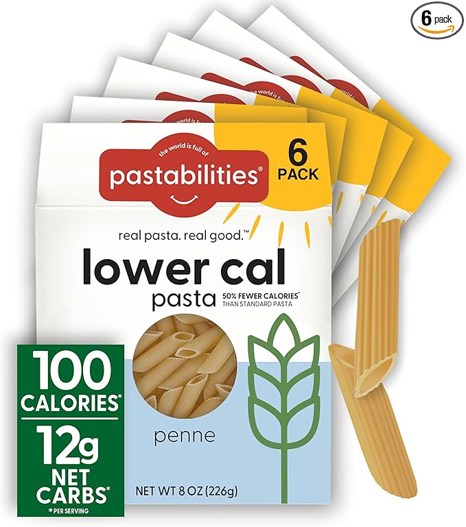 Pastabilities, Lower Calorie Pasta, Penne – 100 Calories/Serving Low Net Carbs, Low Calorie, Non-GMO, High Fiber, Vegan, Plant-Based, Enhanced Nutrients, Delicious Taste & Texture (8 Ounce, 6 Pack)