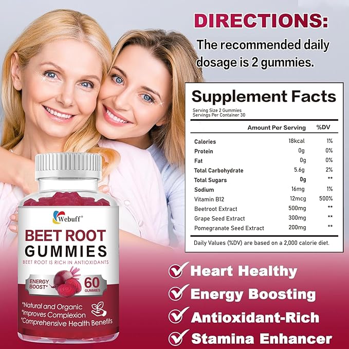 Beet Root Gummies — Nitric Oxide Booster with Organic Beet, Pomegranate & Grape Seed, Vitamin B12 — Energy, Circulation & Heart Health Support, Vegan, Non-GMO, 60 Count (Pack of 1)