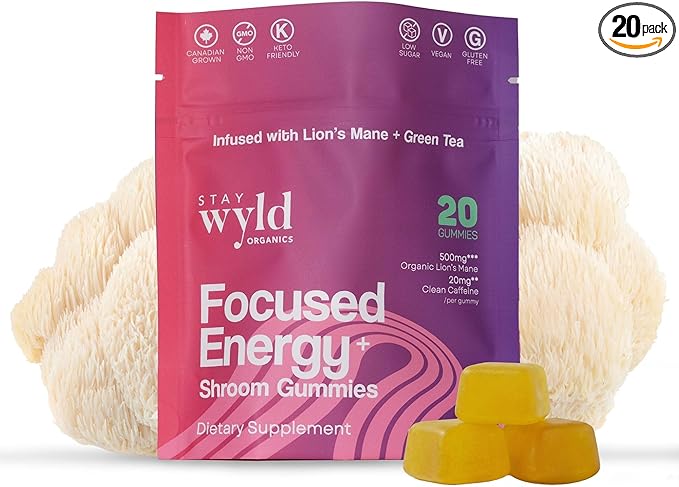 Stay Wyld Organics, Focused Energy+ Mushroom Gummies, 20 Servings, with Lion's Mane & Green Tea - Clean Energy Mushroom Supplement, Mental Focus Gummies, Lions Mane Supplement, Low Sugar & Gluten-Free