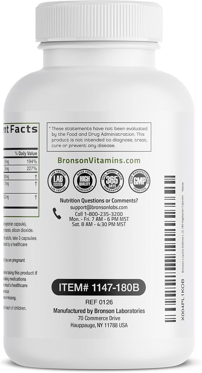 Bronson L-Lysine Defense Immune Support Complex 1500 MG L-Lysine Plus Olive Leaf, Garlic, Vitamin C and Zinc - Non-GMO, 180 Vegetarian Capsules