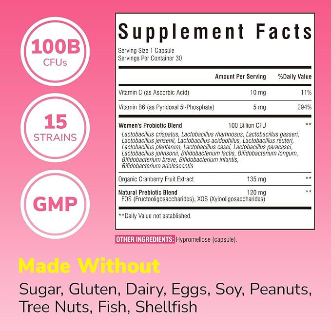 Probiotics for Women 100 Billion CFU 15 Strains, Daily Probiotic & Prebiotic Supplement with Organic Cranberry to Support Vaginal, Digestive, Immune Health, Shelf Stable, 30 Vegan Capsules