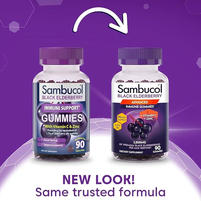 Sambucol Elderberry Gummies - Immune Support Supplement for Adults & Kids with Vitamin C & Zinc, Sambucol Elderberry are High in Antioxidants, Gluten Free, Vegan - 90 Count