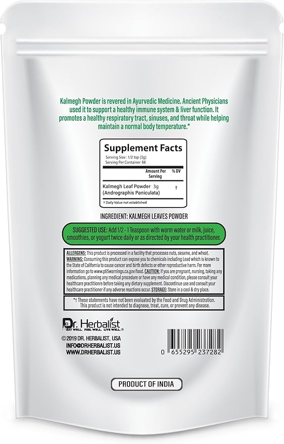 Dr. HERBALIST | Kalmegh (Andrographis) Powder - 7.05 OZ (200g) - Andrographis Paniculata - Bitter Herb for Immune Health