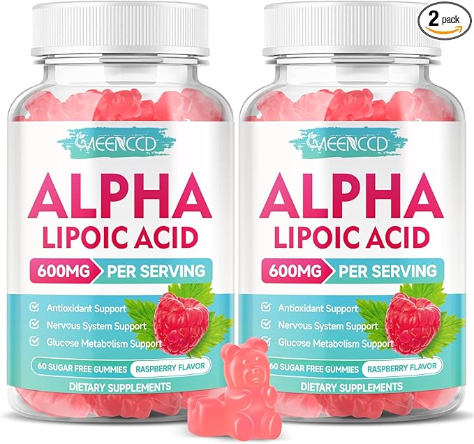 MEENCCD 2 Pack Alpha Lipoic Acid Gummies 600mg - ALA Supplement for Antioxidant Support, Vegan, Sugar-Free, Raspberry Flavor, 120 Count