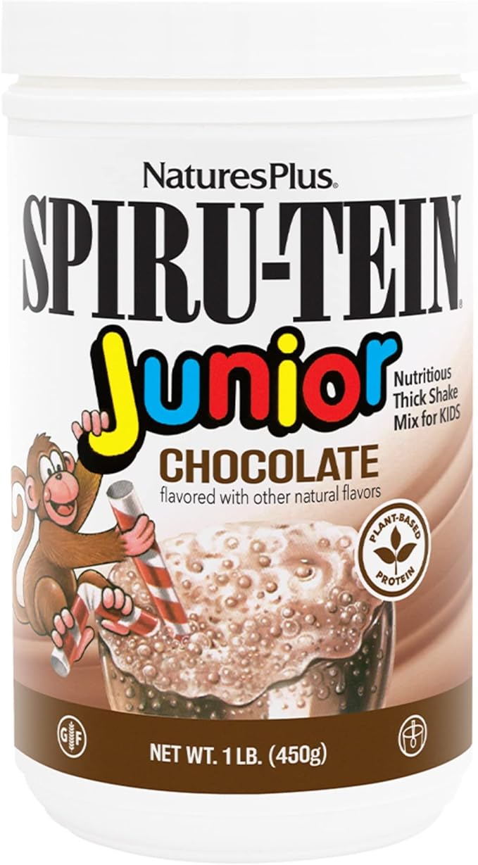 NaturesPlus SPIRU-TEIN Junior, Chocolate - 1 lb - Plant-Based Protein Powder Shake for Kids - Gluten Free & Vegetarian - 15 Servings