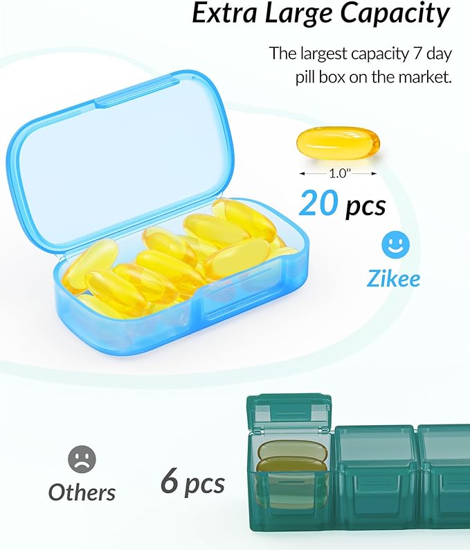 ZIKEE 7 Packs Extra Large Pill Organizer, Portable Pill Box 7 Day for Pocket, Purse, Weekly Pill Case with Dual-Protection Design, Pill Container for Medication, Vitamin, Fish Oil, Supplement