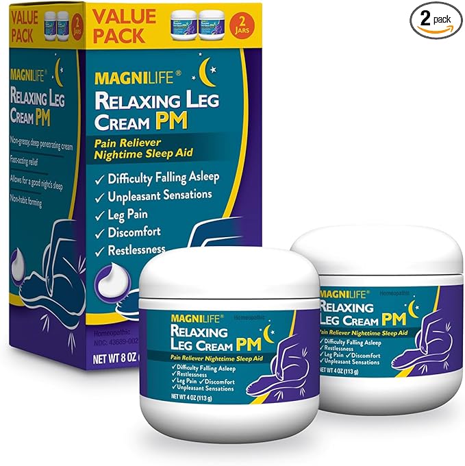 MagniLife Relaxing Leg Cream PM, 4 Oz Jars (2 Pack), Homeopathic Nighttime Pain Reliever & Sleep Aid with Lavender & Magnesium, Non-Greasy Deep Penetrating Cream for Restless Legs & Discomfort