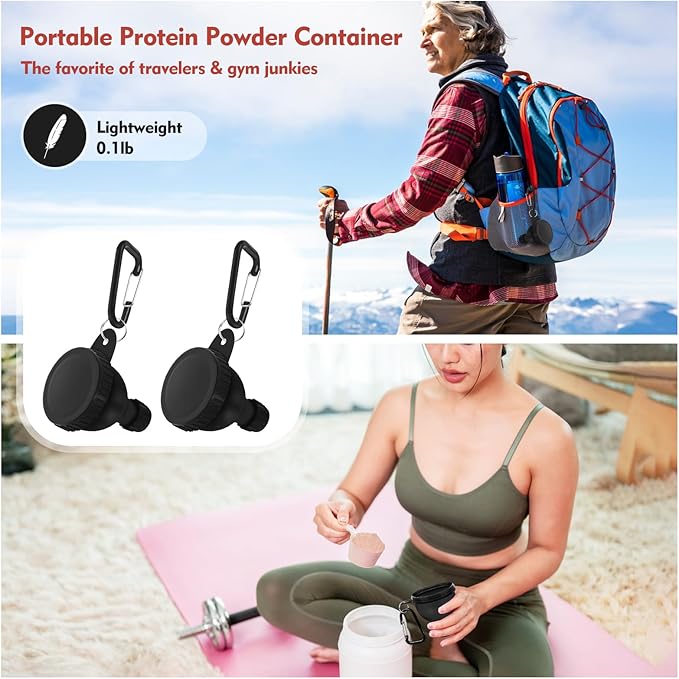 2Pack Portable Protein Powder Travel Container to Go, Protein Powder Funnel with Carabiner & Reinforced Caps, Water Bottle Container for Powders Mixes, PreWorkout/Supplement Funnels (100ml_Black)