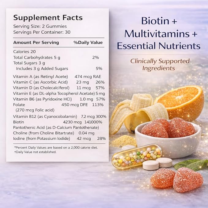 Biotin Hair Skin Nails Gummies: Daily Beauty Supplement for Women Experiencing Stress-Related Hair Thinning, Supports Strong Nails & Healthy Skin, 60 Count, Strawberry Flavor