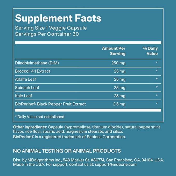 MDacne DIM Skin Clearing Supplements (30 Vegan Capsules) - for Acne Treatment, Estrogen Balance, Hormone Menopause Relief & Bodybuilding, Cruciferous Extract & Bioperine (30 Count (Pack of 1))