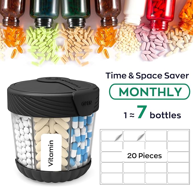 HIONXMGA Large Pill Dispenser with 7 Compartments, Portable Pill Bottle Organizer for Travel, Anti-Mix Supplement Organizer Easy Twist Wide-Opening, BPA-Free Pill Box Container with 20Pcs Labels,Black