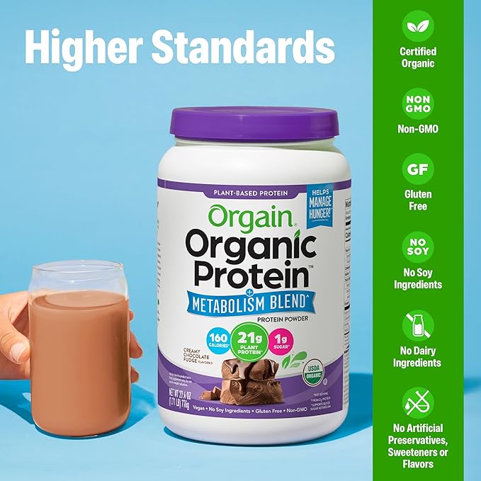 Orgain Organic Protein + Metabolism Blend Powder, Chocolate Fudge - 21g Plant Protein, 5g Prebiotic Fiber, No Lactose Ingredients, Low Sugar, Non-GMO, for Shakes & Smoothies, 1.71 lb