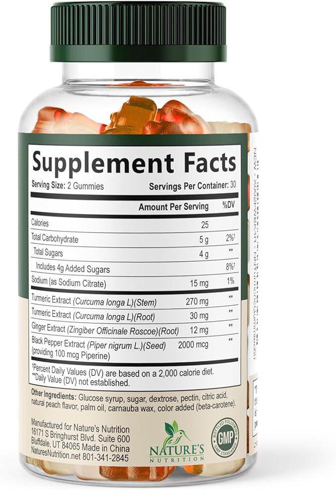 Turmeric Curcumin Supplement Gummies - 95% Curcuminoids with Turmeric & Ginger, Black Pepper for Best Absorption, Nature's Vegan Joint Support, Non-GMO, Gluten Free, Tasty Peach Flavor - 60 Gummies