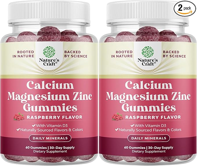 Calcium Magnesium Zinc Gummies - Magnesium Zinc Calcium Supplement Gummies with Vitamin D3 for Teeth and Bone Health - Certified Kosher Non-GMO Gelatin Free & Vegetarian Friendly 60 Count (Pack of 2)
