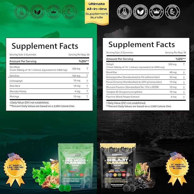 Holistic Hercules Sea Moss & Pure Himalayan Shilajit Gummies Gold | 100% Natural Organic Vegan | No Added Sugar | Ashwagandha Tongkat Ali Ginseng Spirulina Moringa Manuka Honey | 60 Gummies 2 Pack