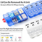Foldable Weekly Pill Organizer 2 Times a Day with 2 Extra Compartments (Clear Printed Labels) - 7 Day AM PM Medicine Box, Week Daily Travel Pill Case Holder for Vitamin, Supplement - Clear Blue