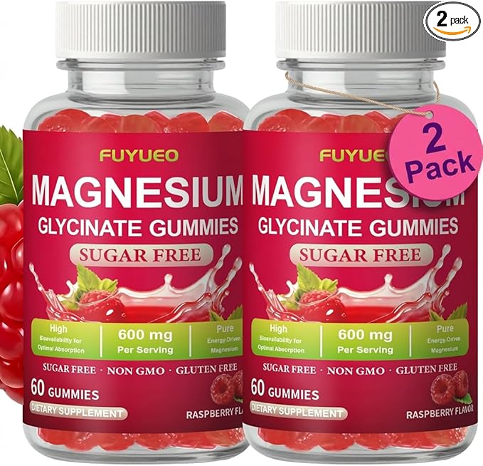 Magnesium Glycinate Gummies for Calm & Rest, Sugar Free High Absorption Magnesium Supplement for Men & Women, Gentle on Stomach, Chewable, Raspberry, 60 Count (Pack of 2)