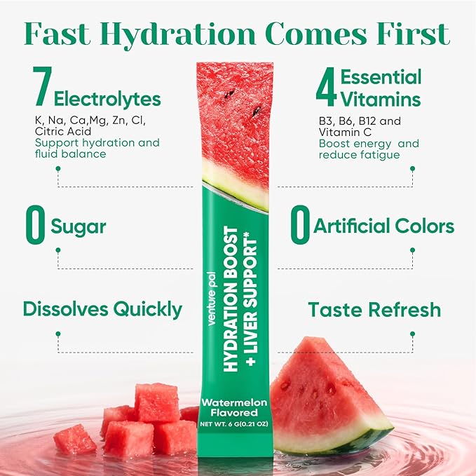 Venture Pal Hydration Packets + Liver Support- Liquid Daily IV Electrolyte Powder Packets with 7 Electrolytes & 5 Vitamins, Milk Thistle + L-Theanine | Sugar-Free | Keto Friendly | Vegan, 16 Sticks