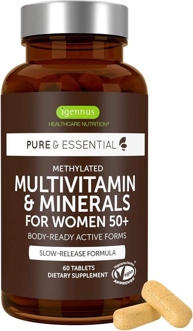 Igennus Methylated Multivitamin for Women 50+, Calcium & Magnesium for Bone Support, Sustained Release & Active B-Vitamins, Iron-Free Formula, Antioxidant Support, Clean Label, 60 Tablets