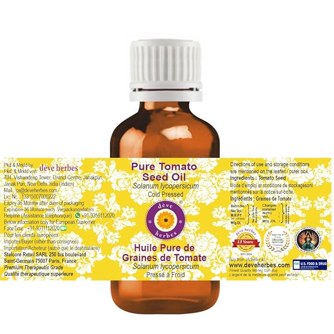 Deve Herbes Pure Tomato Seed Oil (Solanum lycopersicum) Cold Pressed (Pack of Three) 100ml X 3 (10 oz)