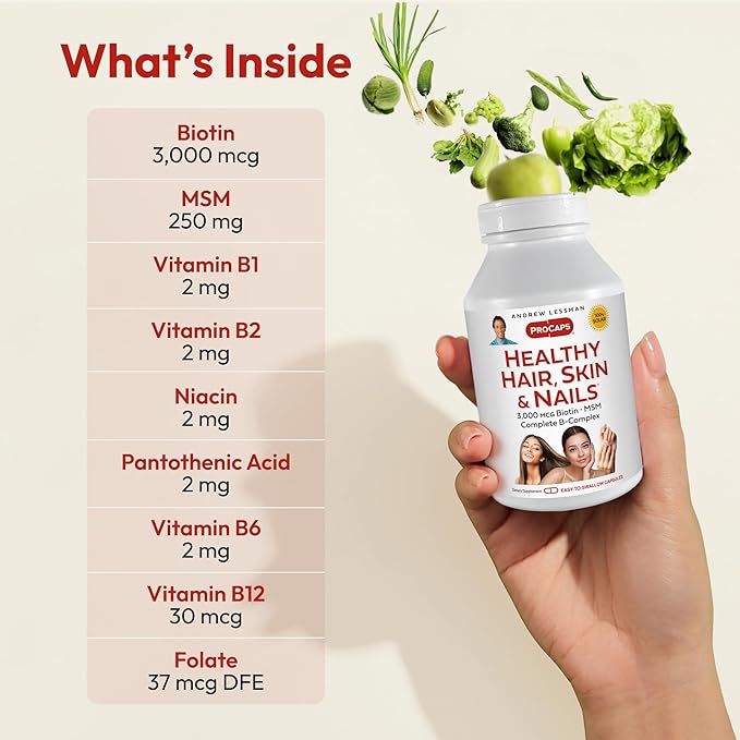 ANDREW LESSMAN Healthy Hair, Skin and Nails 360 Capsules - 3000 mcg High Bioactivity Biotin, B-Complex. Promotes Beautiful Skin, Strong Nails. No Additives Hair Growth Vitamins Biotin Supplement