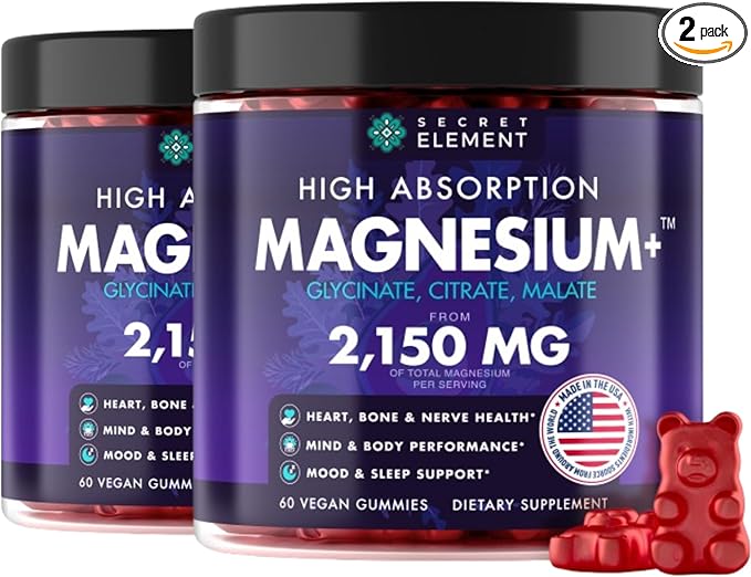 Magnesium Glycinate 2150 MG Gummies, High Absorption Magnesium Glycinate, Citrate & Malate, Sugar-Free, Vegan, Chews for Men & Women, 60 Gummies, Cherry Flavor, Pack of 2