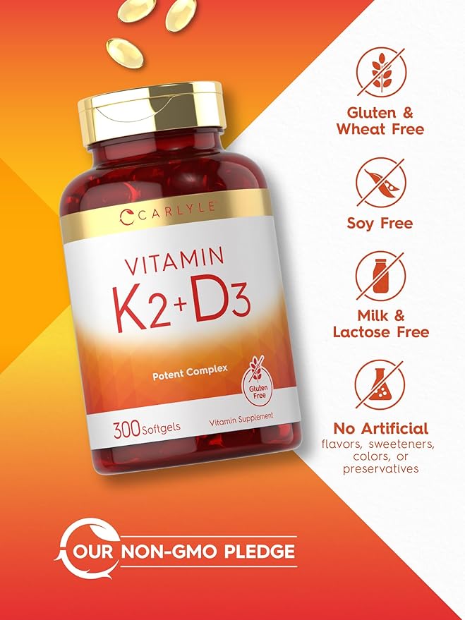 Carlyle Vitamin K2 D3 Supplement | 300 Softgels | 200mcg K2 MK7 & 10,000 IU D3 | Non-GMO, Gluten Free
