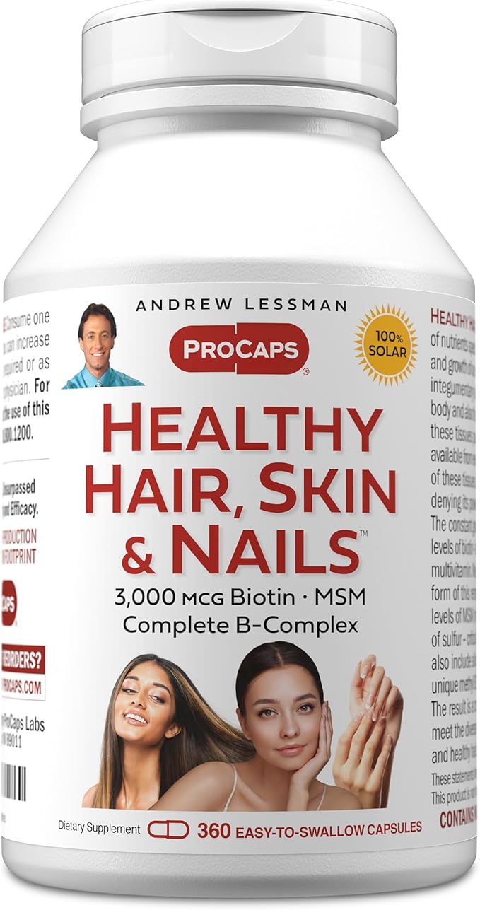ANDREW LESSMAN Healthy Hair, Skin and Nails 360 Capsules - 3000 mcg High Bioactivity Biotin, B-Complex. Promotes Beautiful Skin, Strong Nails. No Additives Hair Growth Vitamins Biotin Supplement