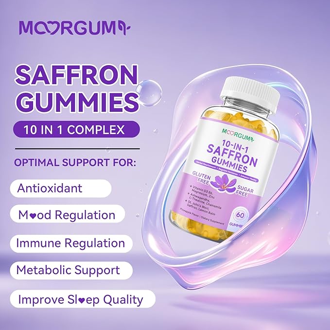 Saffron Gummies for Adult Kids, 10-IN-1 Cortisol Support Supplement with Saffron 88.5mg, Vitamin D3, B6, Magnesium, Zinc, Ashwagandha, L-Theanine, St. John's Wort, For Emotions, Slumber, 120 Count