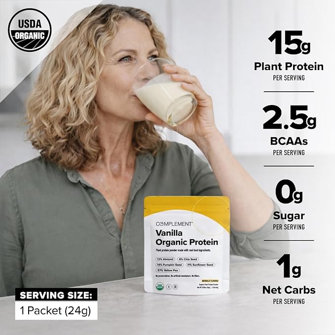 Complement Vegan Vanilla Protein Powder - Organic Protein Low Carb, Low Calorie, Sugar Free, Soy Free, Non-GMO, Gluten Free, Non Dairy - 15g Yellow Pea, Pumpkin Seed Protein Powder (1 Serving)