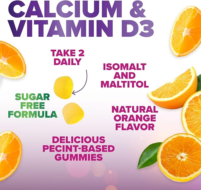 Calcium Supplement Gummies - Sugar Free Calcium Gummy with Vitamin D3 for Best Absorption - Supports Immune Health, Bones & Teeth - Nature's Calcium Chews for Women & Men - Orange Flavor - 60 Gummies